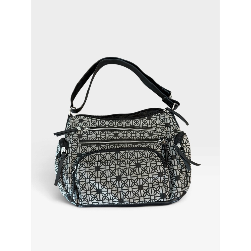 Black Grey Geometric Multi Pocket Crossbody Bag Canvas Adjustable Strap